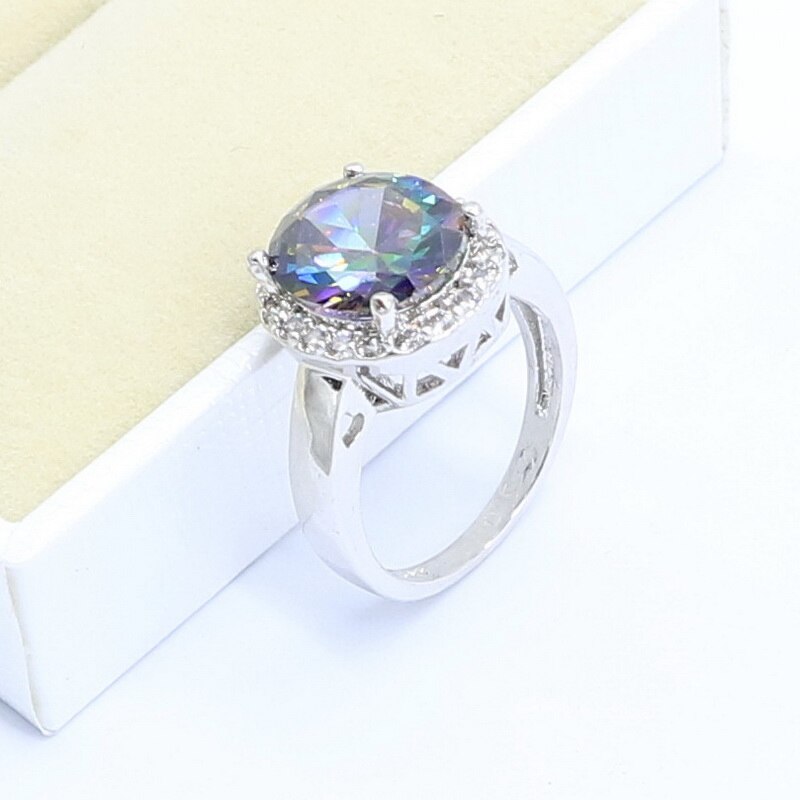 925 Sterling Silver Ring For Women Oval Rainbow Topaz Jewelry Free