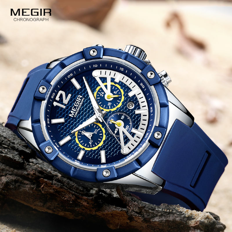 Megir Army Sport Waterdichte Quartz Horloges Voor Mannen Blauw Siliconen Stopwatch Relojios Masculinos Klok Lichtgevende 2083GBE-2