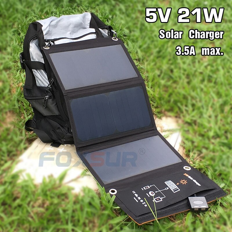 FOXSUR 5 V 21 W Outdoor Solar Charger Panel 5 V 3.5A max. Opvouwbare charger, draagbare Dual Uitgang reislader, Geen man land gebruik