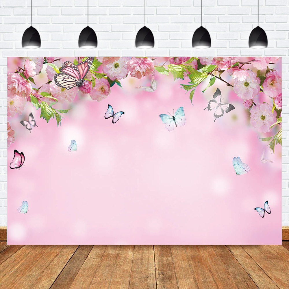 Våren rosa tema bakteppe sommerfugl fersken blomst blomster foto bakgrunn fotografering låve baby bursdagsfest bakteppe