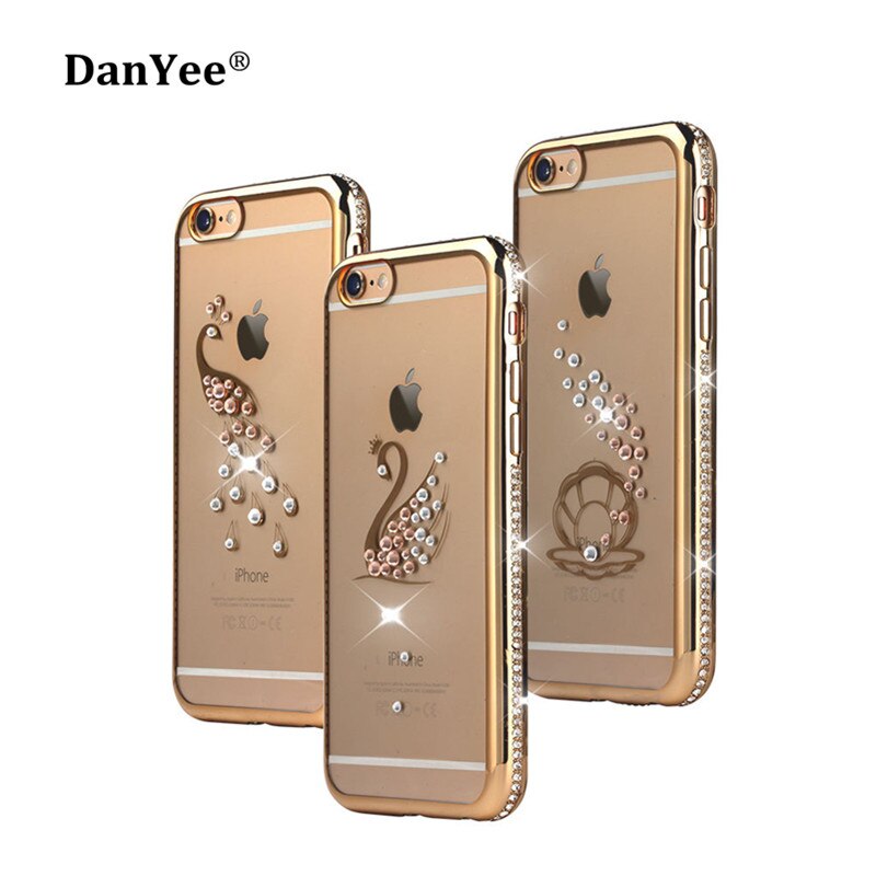 Danyee Strass Case Tpu Zwaan/Pauw/Shell Transparante Ultradunne Telefoon Cover Voor Iphone 6 6S/7 7 Plus Voorraad: for 6S Plus / Gold