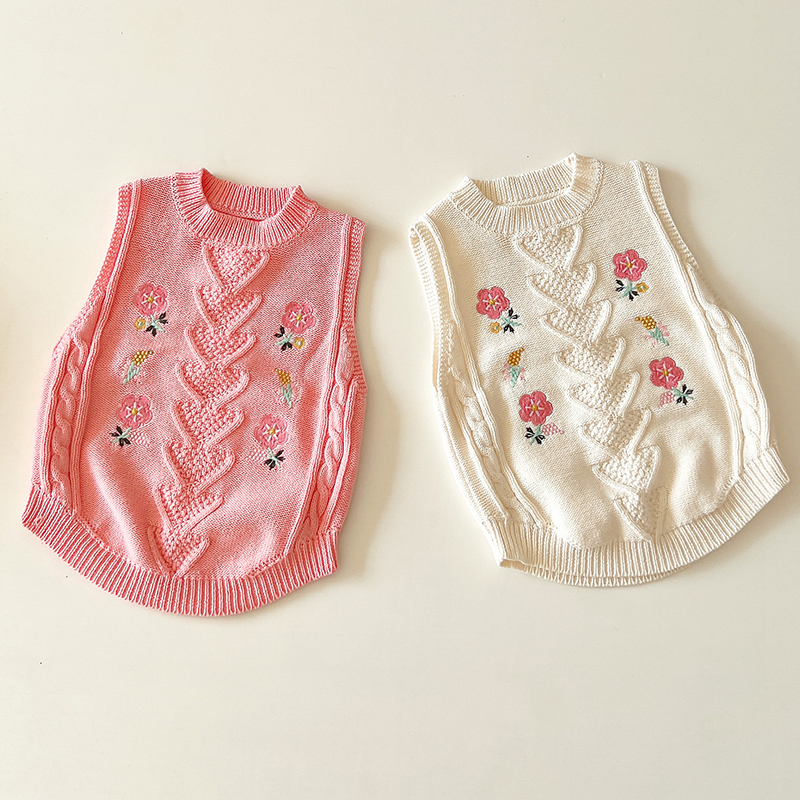 Pulls de Style coréen pour enfants, pull tricoté, hauts pour bébés filles, gilet tricoté, sans manches, broderie de fleurs, printemps automne