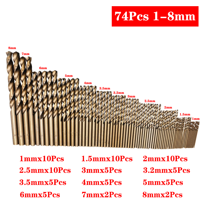 74 pièces 1-8mm M35 HSS-CO foret hélicoïdal au Cobalt haute vitesse en acier foret à métal coupe-trou pour l'acier inoxydable: Default Title