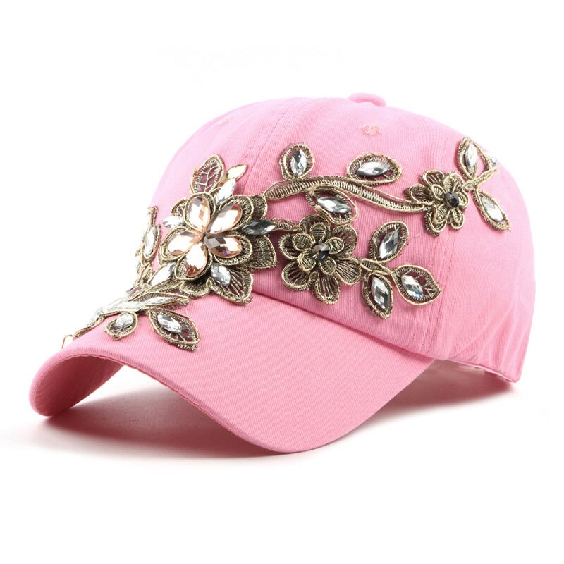 Denim rhinestone kvinders baseball cap vintage luksus blomstermønster gorras kvindelig glas diamant hat: Lyserød