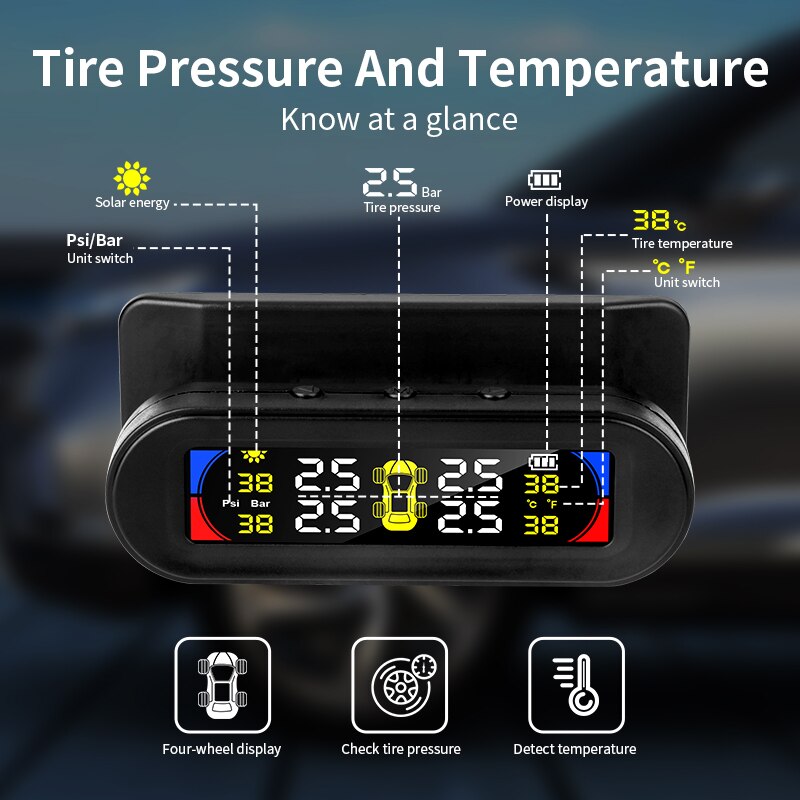 Tpms Groter Scherm Kleurrijke Display Draadloze Tpms 4 Sensoren Bandenspanning Temperatuur Alarm Monitoring Systeem Zonne-energie Opladen