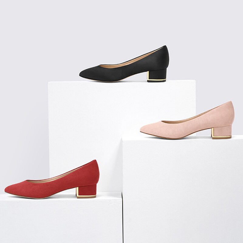 Brand Suede Leather Shoes Women High Heels Chaussures Femme Shoe Office Ladies Low Heels Pointed Toe Bridal Wedding Shoes Woman