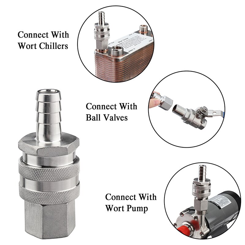 Stainless Steel Quick Disconnect Set, Male QD-1/2&quot; Female NPT, Female QD-1/2&quot; Hose Barb,Homebrew Fittings