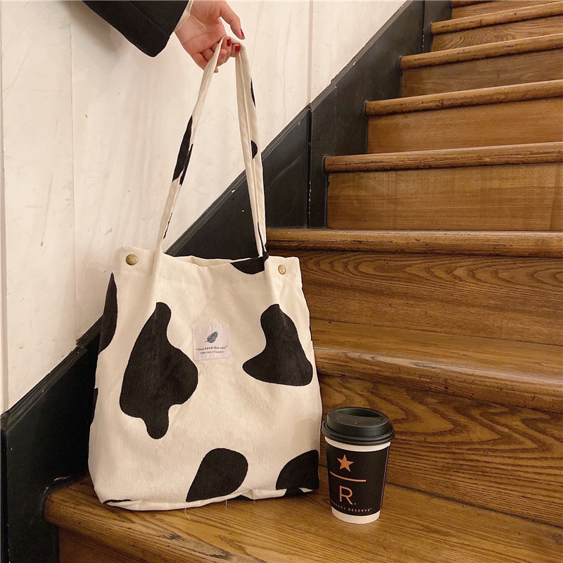 Borse da donna 2021 borsa a tracolla con bottone a pressione in velluto a coste borsa Shopping riutilizzabile di grande capacità borse da donna con fibbia letteraria: Cows