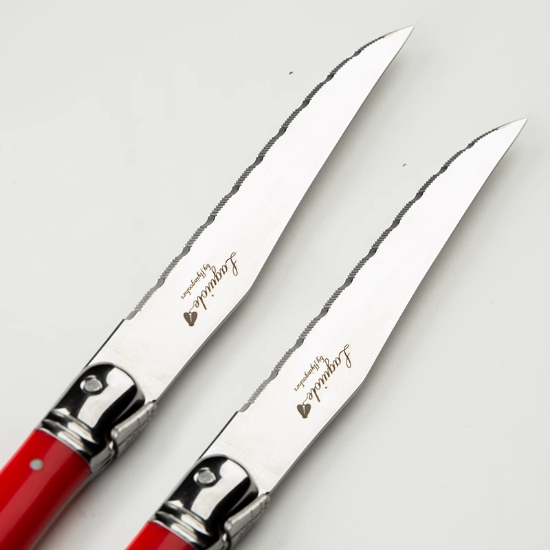 Conjunto de facas de bife de aço inoxidável, 6 peças/7 peças, facas de bife laguiole com suporte de madeira, faca de jantar de aço colorida, conjunto de talheres de natal