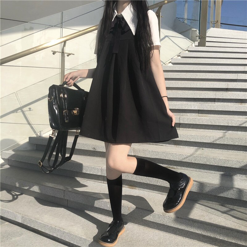 Japanse zoete college tweedelig overhemd met korte mouwen strik + geplooid vest jurk vrouwelijke zomer schoolmeisjesuniform