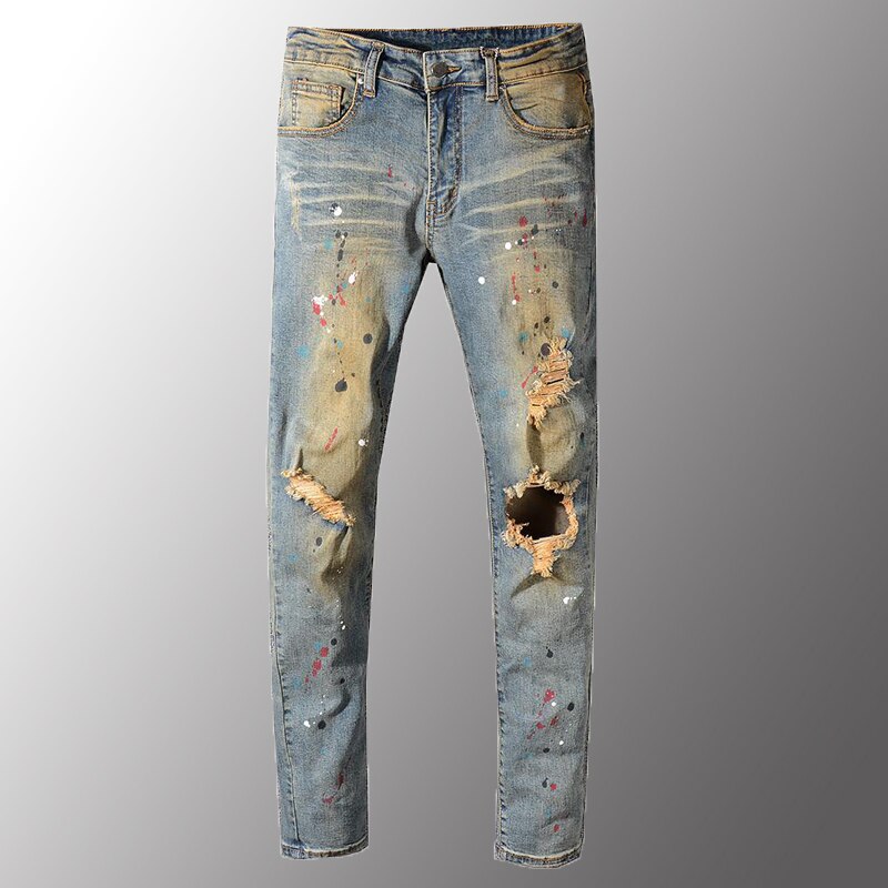 Gaten heren geschilderde gescheurde vintage blauwe distressed stretch denim broek slim fit heren jeans