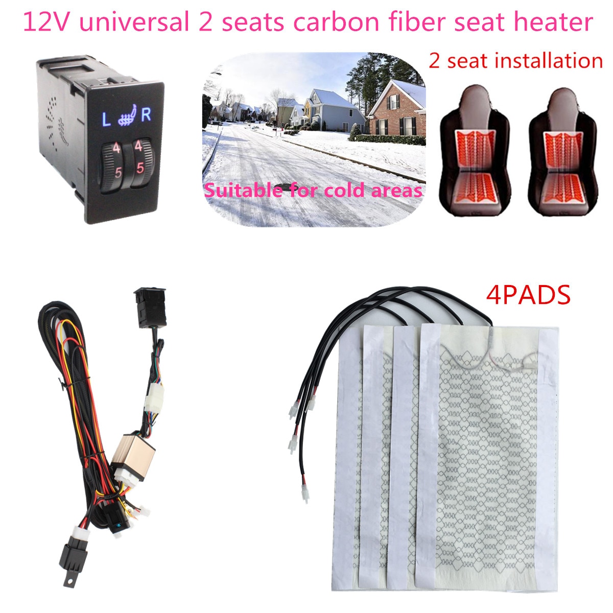 2 zetels 4 Pads Universal Carbon Fiber Verwarmd Stoelverwarming auto 12V Pads 2 Wijzerplaat 5 Schakelaar Bankjes interieur seat warm accessoires