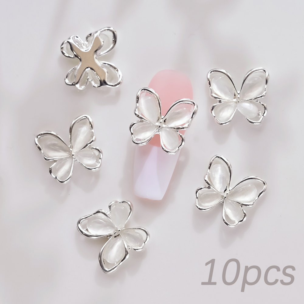 10Pcs Siver White Crystal Butterfly Nail Charms 3D Hollow Cat's Eye Alloy Zircon Nail Gems Luxury Diamond Butterfly Nail Charms: WHITE