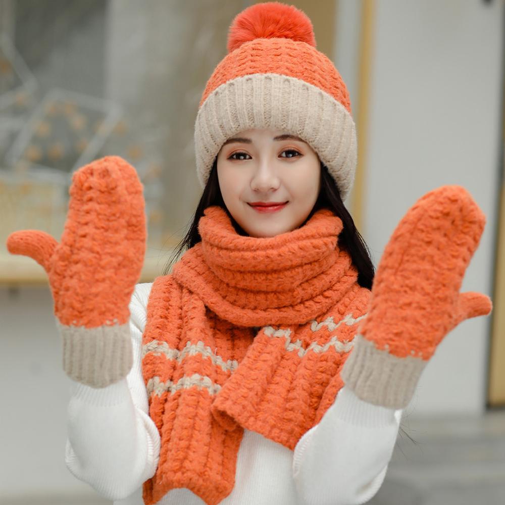 Winter Women's hat and scarf gloves three pieces Girl 'S Hat Wool Hat Beaine Female Cap and scarves Gloves set pink Color