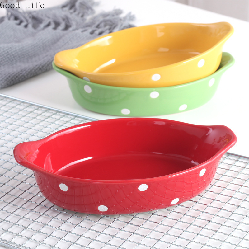 Polka Dot Cheese Baked Rice Plate Microwave Oven Ceramic Western Food Dish Kitchen Tableware Home Baking Bowls
