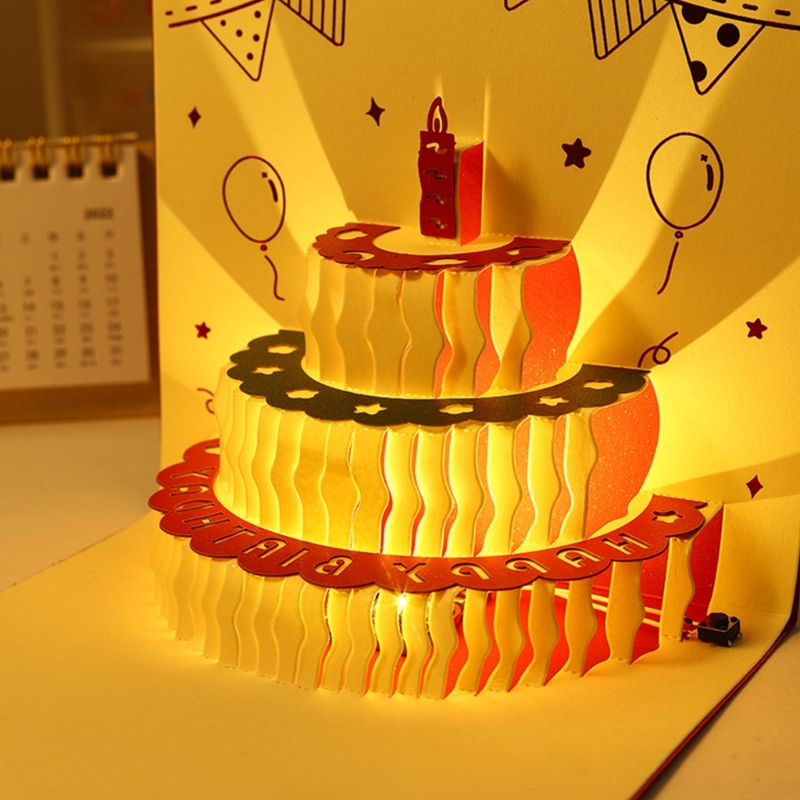 3D Birthday Cake Cards with Music Light Happy Birthday Pop-Up Greeting Postcards with Envelope Invitations For Kid Girl