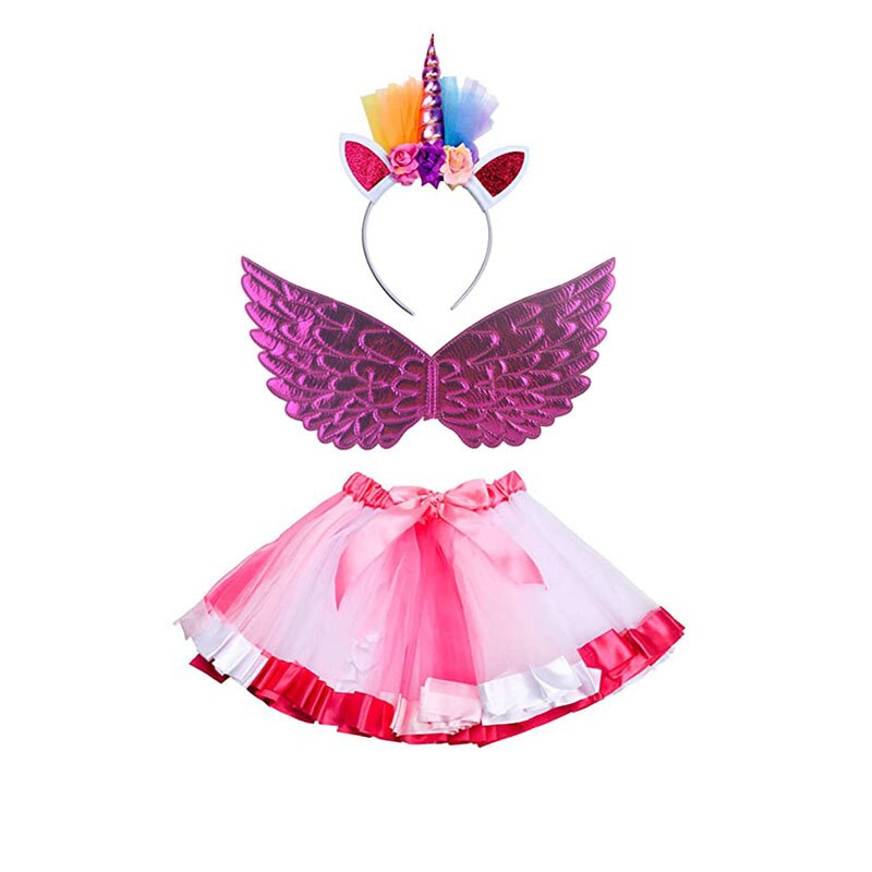 3pcs Rainbow Cute Kids Dress Up Princess Angel Wing Bling Unicorn Tutu Skirt Suit: Pink