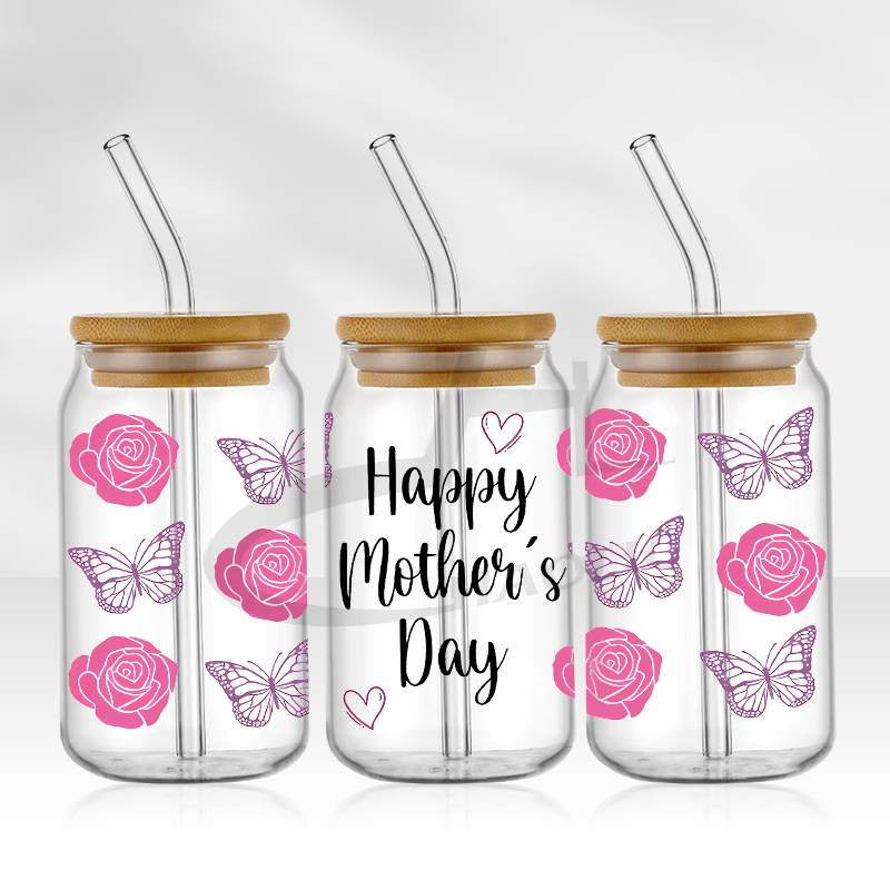 Envolturas de copa UV DTF, transferencias, del Día de la madre, pegatina para mamá, transferencia de hierro para lata de vidrio, libbey de 16oz