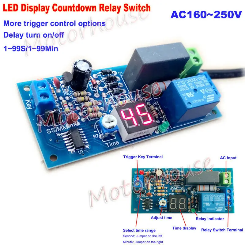 AC 220 V 230 V Digitale LED-Anzeige Einstellbare Countdown-Trigger Verzögerung Timer Schalter Ein-Aus-Timing-Relaismodul 1 s-99 min