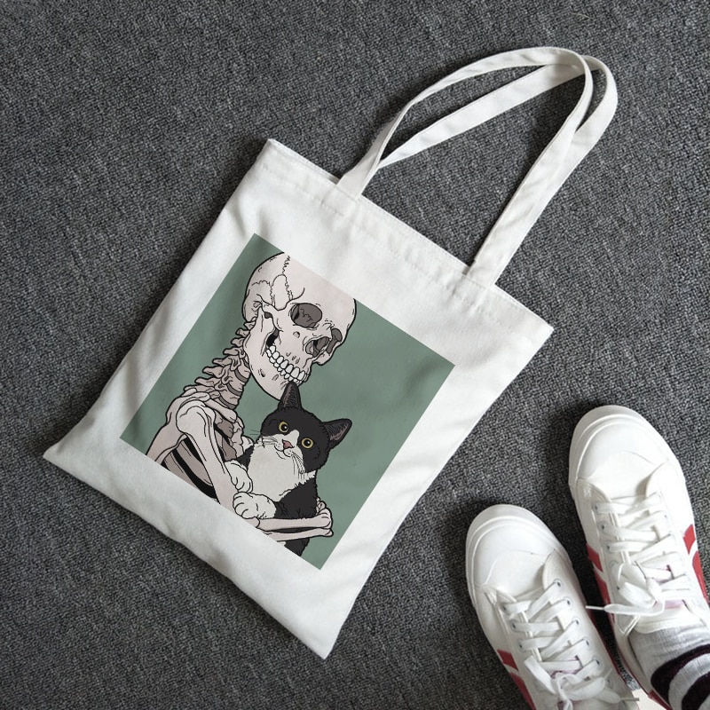 Schädel und Nette Katze cartoon druck Frauen Vintage casual chic frauen zipper große-kapazität leinwand neue Goth ins schulter taschen