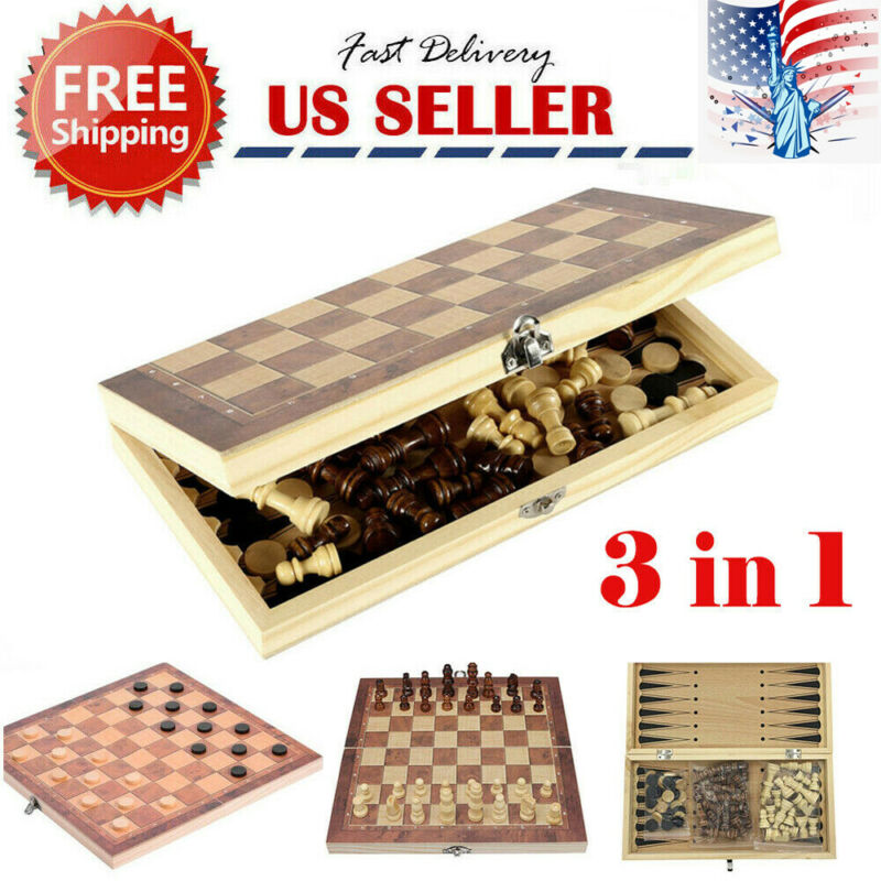 Wooden Chess Game Set Large Wood Board Folding Storage Box Hand Carved Piece Travel Games Chess Backgammon Checkers Toy