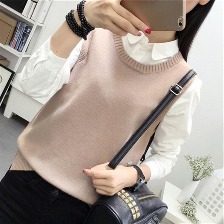 Ærmeløs vest sweater dame preppy stil look rund hals side åbning slids strikket vest pullovers t jumper kvinde strik sweater: Lys kaki vest