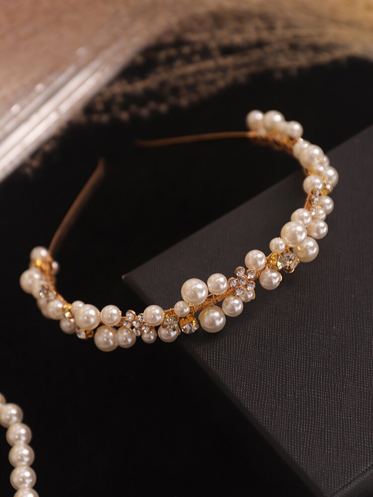 Vintage bröllopskrona guld pärla strass brud pannband kvinnor huvudbonad lyx huvud smycken brud håraccessoarer: Default Title