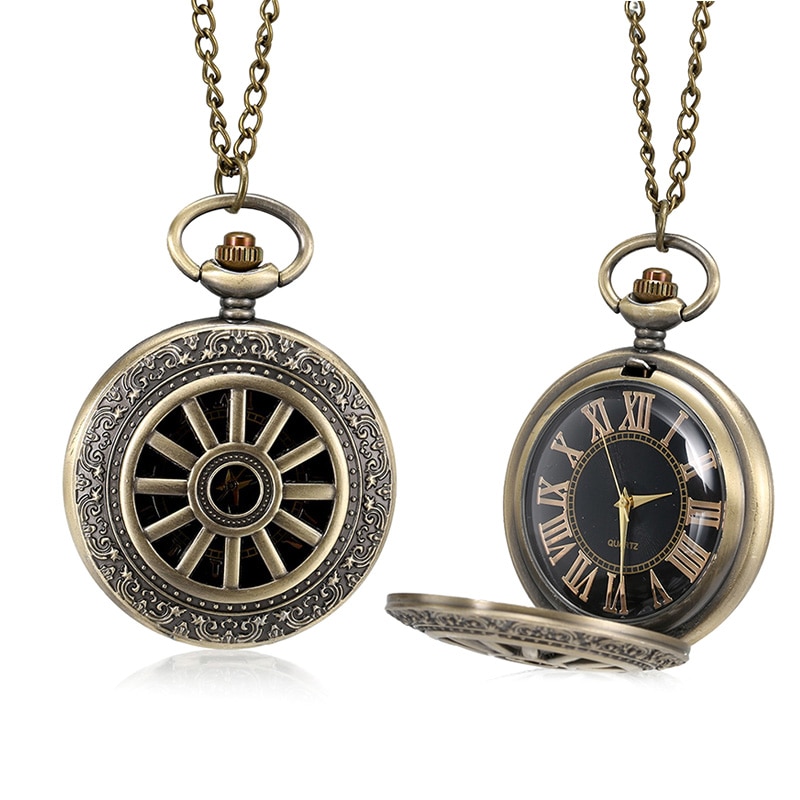 Brons Quartz Zakhorloge Romeinse Cijfers Wijzerplaat Holle Wiel Case Met Ketting Tt @ 88