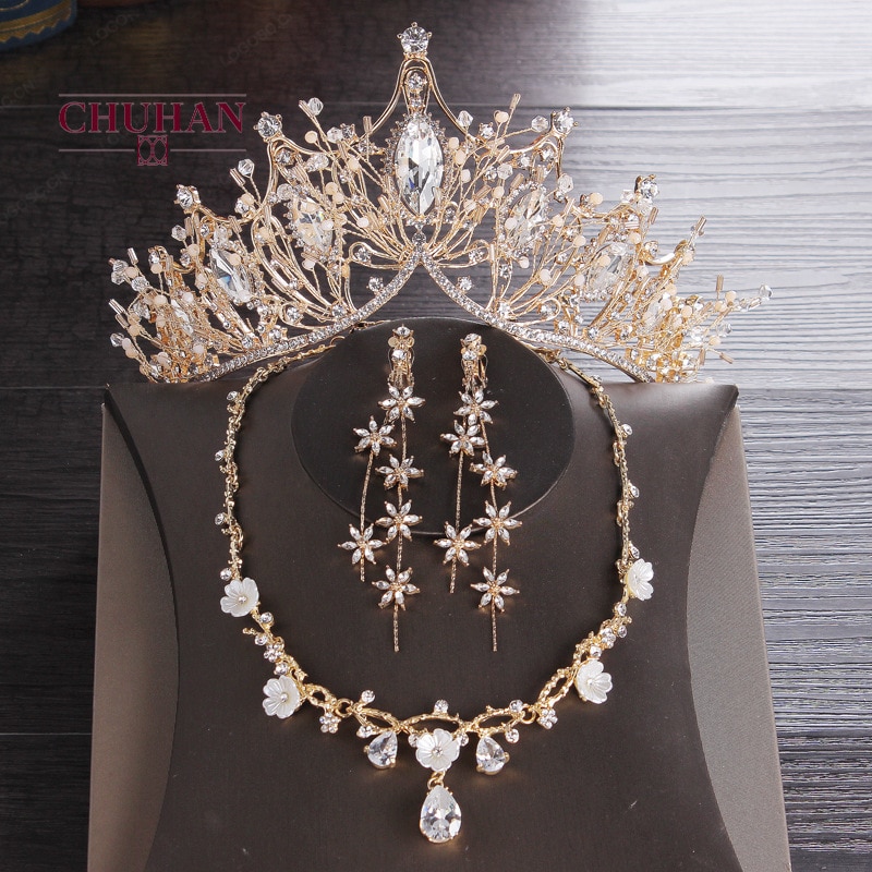 Chuhan Koreaanse Bruid Gouden Kroon Ketting Oorbellen Drie Sets Kroon Trouwjurk Accessoires Bruiloft Haar Accessoires C360