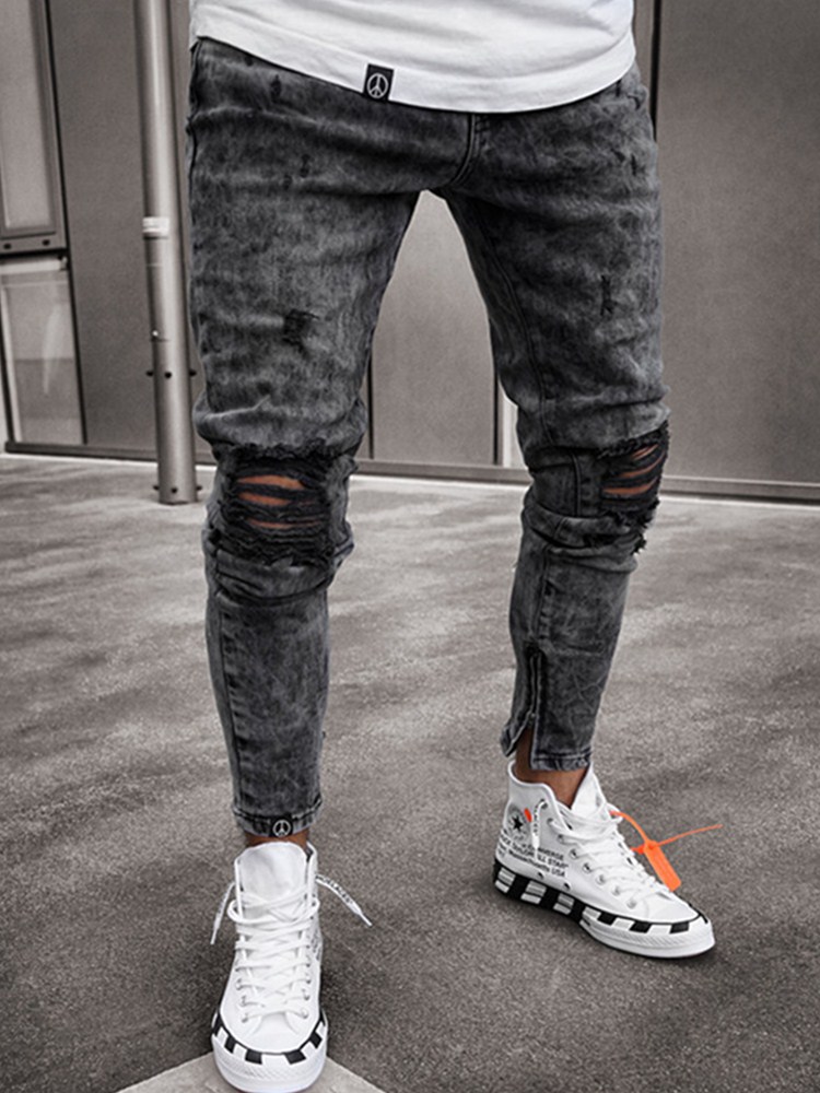 Men vintage Black Slim Fit Stretch Ripped skinny Jean zipper street jogging Motorcycle casual jeans pants
