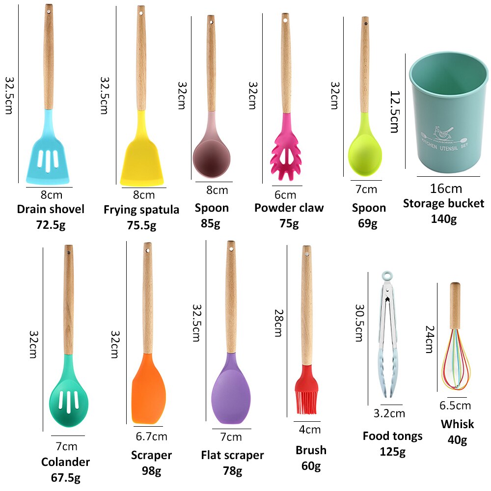 12pcs Kitchen Silicone Cooking Utensils Set High Temperature Resistance Non-stick Spatula Shovel Wooden Handle with Storage Box