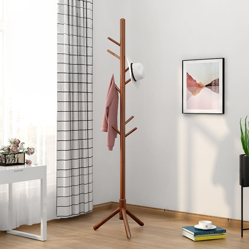 Solid wood coat rack, floor standing clothes hanger, household simple clothes drying and bag hanging rack