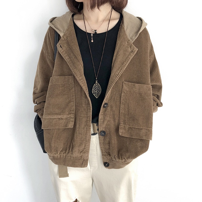 Chaqueta de pana casual suelta para mujer, chaqueta de color sólido de manga larga, abrigo de PANA con capucha, chaqueta de bolsillo de un solo pecho