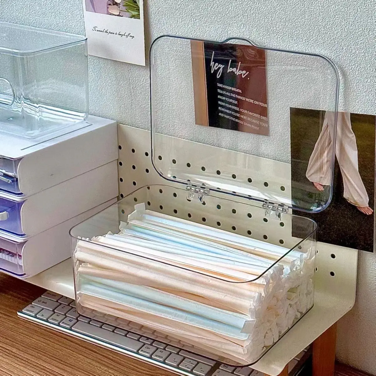 Opbergdoos voor wegwerprietjes voor op kantoor, met klepdeksel, stofwerende plastic houder voor koffie, melk, theezakjes, sieradenhouder.