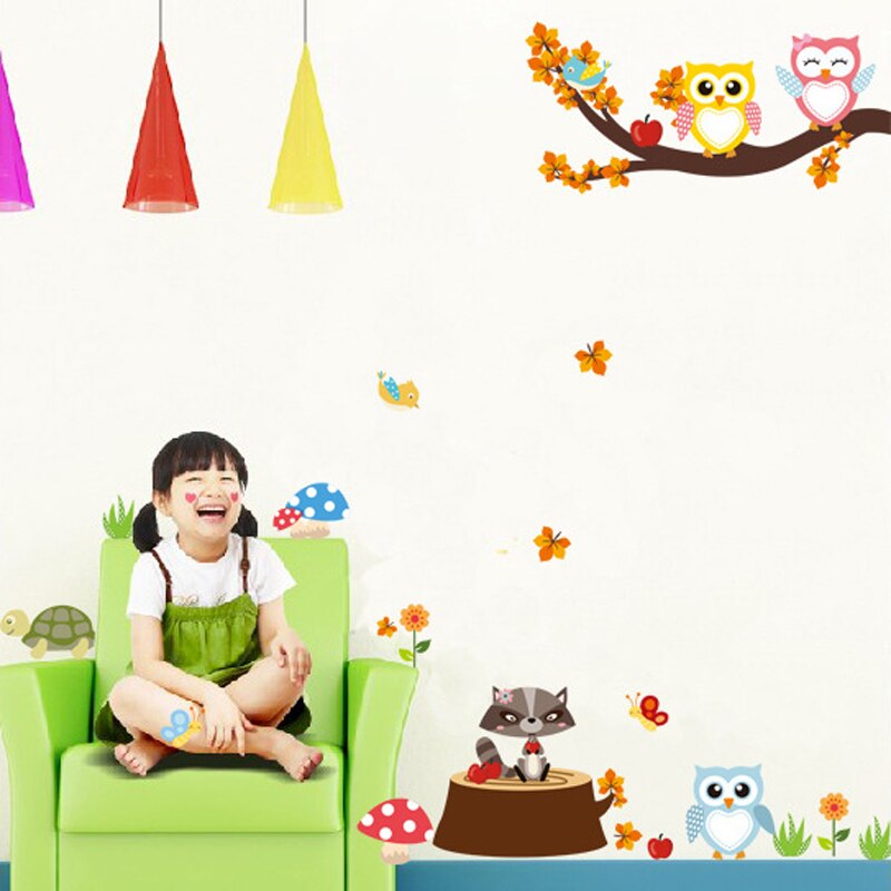 Cartoon owl on tree animals Wall Stickers for kids baby rooms Mural Art Decals nursery sticker wallpaper for home decoration