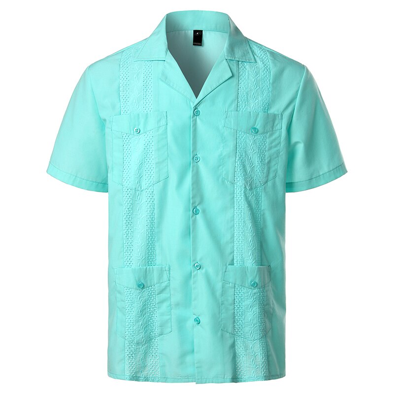 Kubanischen Camp Guayabera Shirt Männer Kurzarm Casual-Taste Unten Stickerei Mens Shirts Weiche Atmungsaktive Einfarbig Strand Shirts: Green / USA L