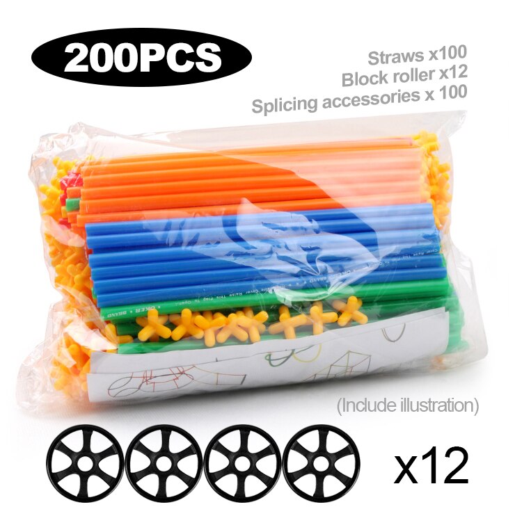 4D DIY Straw Building Blocks Plastic Stitching Inserted Construction Assembled Blocks Bricks Educational Toys for Children: 200pcs-12Roller