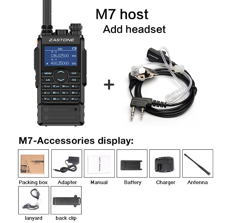 Zastone-walkie-talkie M7, Radio VHF UHF portátil de 5w, batería de 2600Mah, radio bidireccional, FM Ham, 136-174, 400-480Mhz: Add air headset