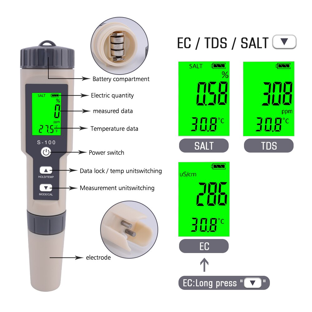 Yieryi S-100 Salinometer 4 in 1 TDS/EC/Salinity/Tem Meter Digital Water Monitor Tester For Pool SPA Salinity Tester