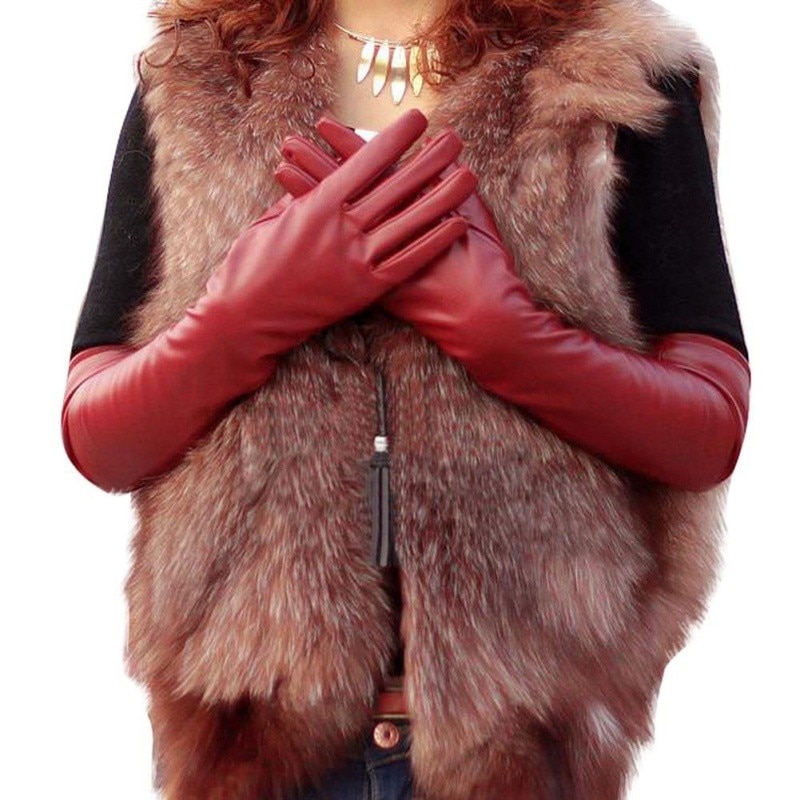 Damskie rękawice robić łokcia ze sztucznej skóry zimowe długie rękawiczki ciepłe podszyte rękawiczki z palcami nowe YP9