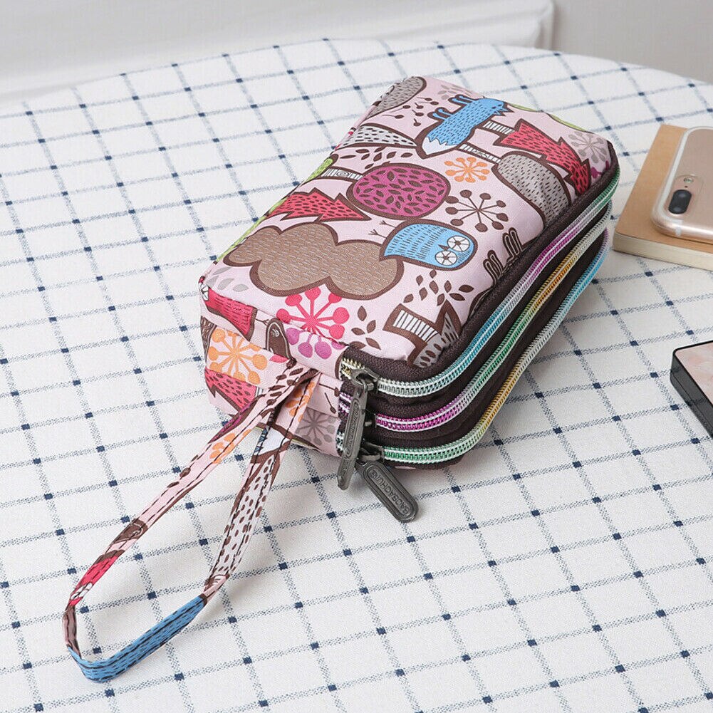 Womens Print 3 Layer Canvas Telefoon Tas Korte Portemonnee Drie-Layer Rits Coin Card Key Purse Voor Vrouwen 'S Bank Kaarthouder Pack: 4