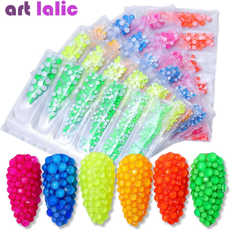 Diamantes de imitación fluorescentes para decoración de uñas, gemas de neón de tamaño mixto, arte de uñas, diamantes 3D, decoraciones DIY, 6 rejillas