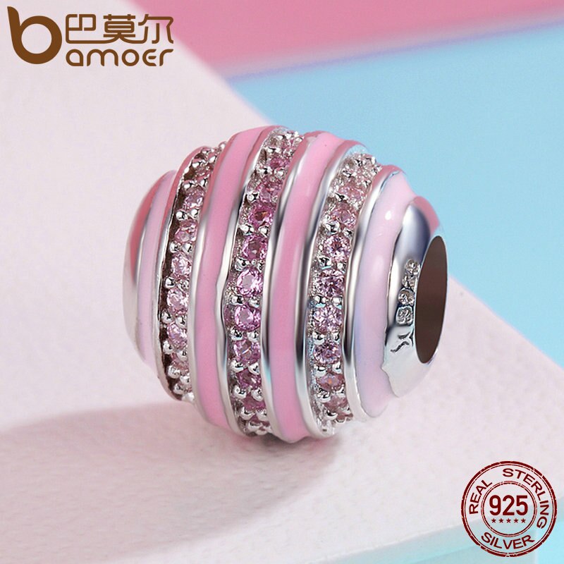 BAMOER, , rueda de cambio Gradual de Plata de Ley 925, esmalte rosa, cuentas de zirconia cúbica transparente aptas para pulseras de dijes para mujeres, joyería DIY SCC344