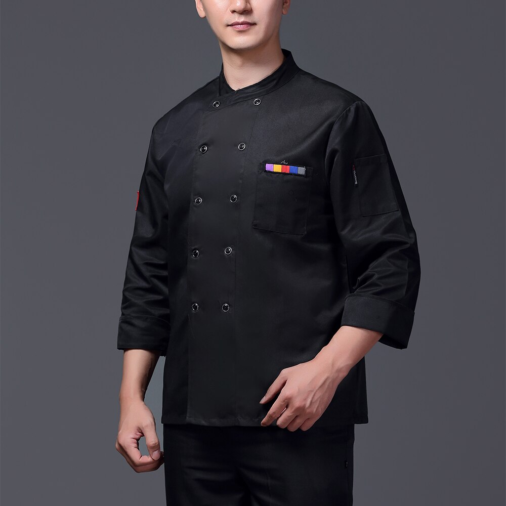 breathable unisex casual chef jacket flag kitchen catering restaurant service work uniform embroidery: Black chef suit / 4XL