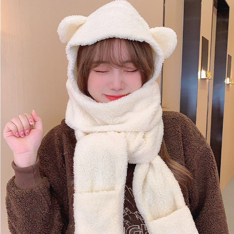 Korean Women Fluffy Plush Warm 3 In 1 Hooded Scarf Hat Gloves Set Cute Cartoon Cat Ears One-Piece Winter Windproof Earflap Cap
