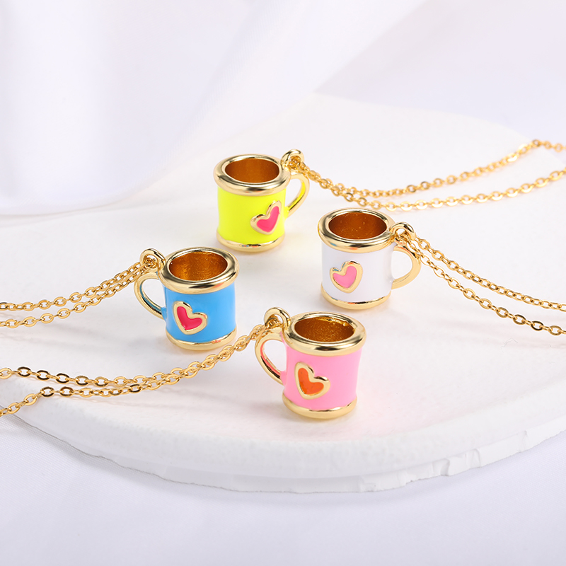 Nette Kleine Rosa Tasse Halskette Weißen Kragen Frauen Halskette Offizielle Schmuck Edelstahl Kette Halskette