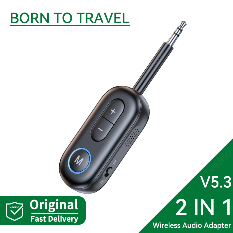 VAORLO 2 en 1 Bluetooth 5.3 Transmisor Receptor de Audio 3.5MM AUX Hifi Estéreo Adaptador Inalámbrico de Música con Micrófono para Coche Avión TV PC Auriculares Altavoz: Negro