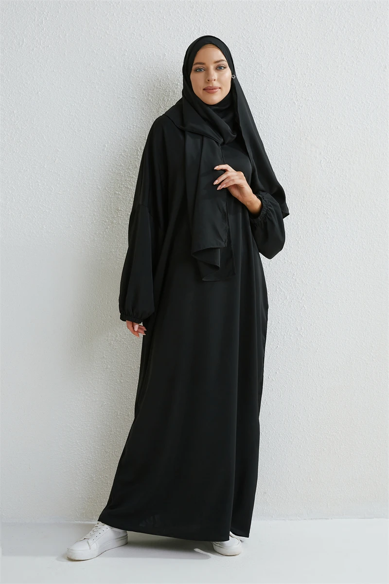 Moslim Abaya Gebed Ramadan Jurk Eendelig Smoking Mouw Smoking Mouw Vrouwen Jilbab Dubai Saudi Zwart Gewaad: Black