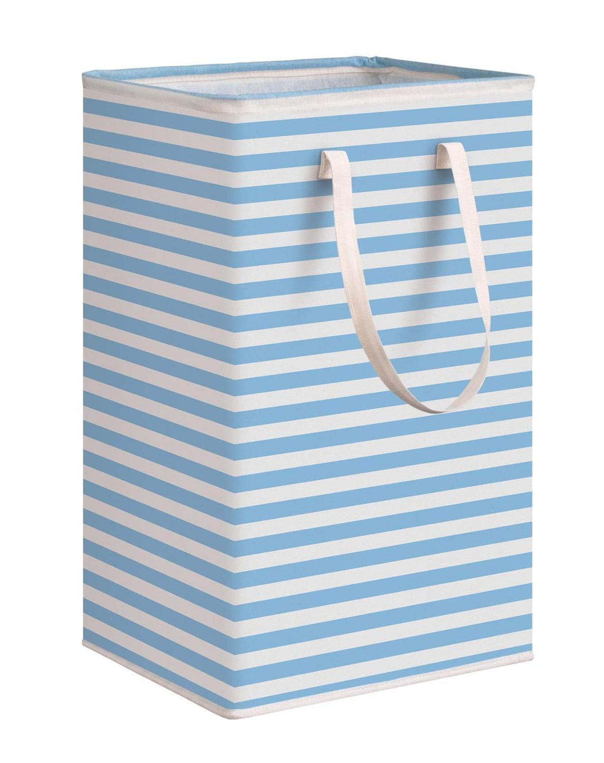 75L Laundry basket Large Clothes storage Basket with Extended handle for Storage basket Toys in Bedroom Foldable Hamper: Blue White Stripes