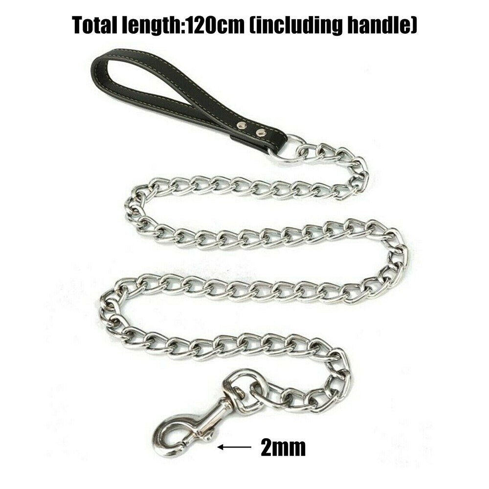 Heavy Duty Metal Chain Dog Lead With Leather Handle Long Strong Control Leash Outdoor Pet Traction Rope Anti Bite Chain